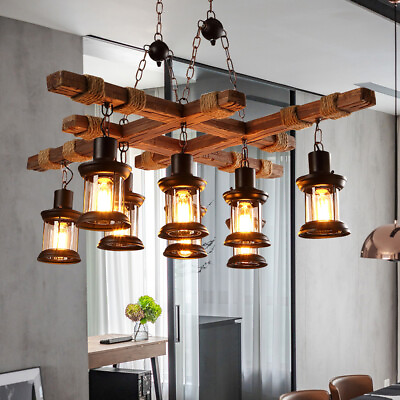 #ad 8Light Wooden Farmhouse Chandelier Hanging Lamp Pendant Lighting Ceiling Fixture $131.03