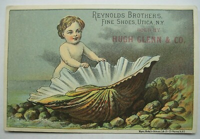 #ad Victorian Trade Card Cherub amp; Giant Clam Shell Reynolds Fine Shoes Utica NY $6.25