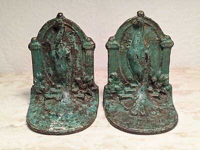 #ad Art Deco Antique Peacock Cast Iron Book Ends Petina Green Painted Finish $119.98