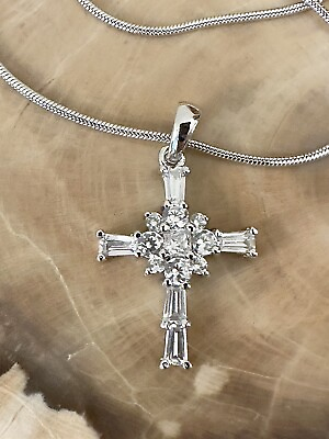 #ad Lovely 925 Sterling Silver Cubic Zirconia Cross 18 Inch $40.00