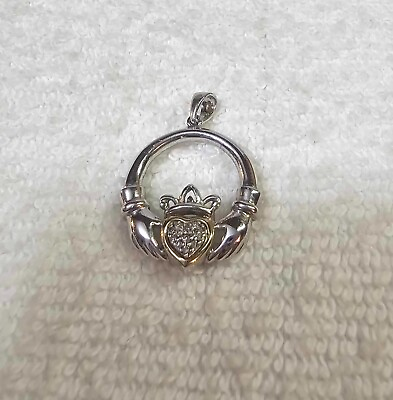 #ad Vtg 925 sterling claddagh heart pendant w clear stones $18.00