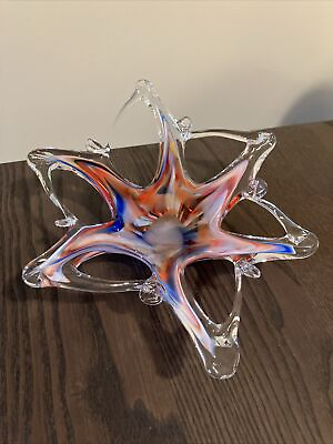 #ad VTG Pulled Art Glass Dish Starfish Swirl Star Pink Orange Blue Clear 9” $32.00