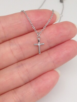 #ad 925 Sterling Silver Small TINY Cz Cross Necklace Pendant Womens Girls 9mm 16 18quot; $21.00