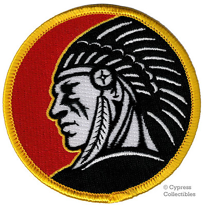 #ad INDIAN CHIEF HEADDRESS EMBLEM PATCH IRON ON EMBROIDERED RED ROUND LOGO $5.95