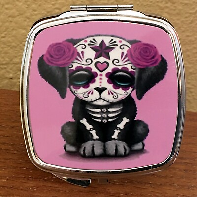 #ad Compact Pocket Makeup Mirror Day of the Dead Silvertone Sq w mesh bag Gift $14.95
