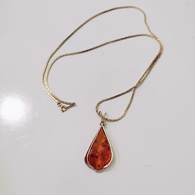 #ad VTG Faux Amber Wire Wrapped Teardrop Pendant Chain Necklace Gold Tone 30quot; $16.00
