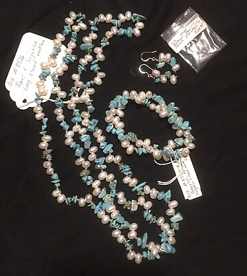 #ad Raw Turquoise Freshwater Pearl 44” Necklace 7quot; Bracelet 1” Earrings Set $22.20