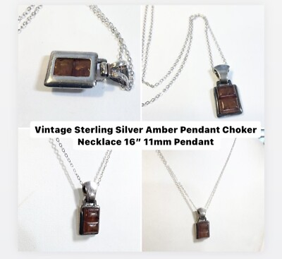 #ad Vintage Sterling Amber Necklace 16” 11mm Pendant $15.00