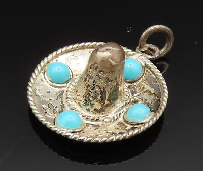 #ad 925 Sterling Silver Vintage Cabochon Turquoise Sombrero Pendant PT20845 $36.80