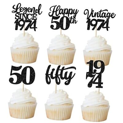 #ad 48 Pack Vintage 1974 Cupcake Toppers Legend Since 1974 Fifty Cupcake Black 50th $17.98