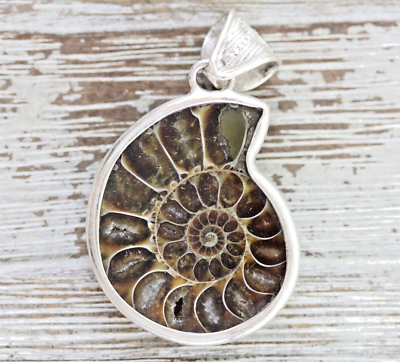 #ad VINTAGE AMMONITE FOSSIL STERLING SILVER PENDANT 925 NATURAL STONE BEAUTIFUL $30.40