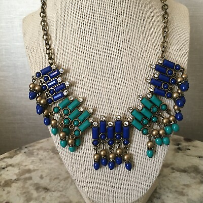 #ad Statement Necklace Metal Fringe Resin Beads Blue Jewelry 18 20quot;NEW Gift Box Y $10.92