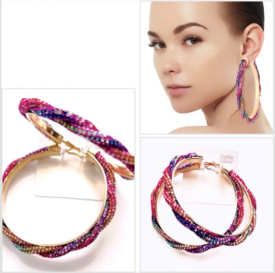 #ad New Rainbow Twisted Crystal Large Multicolor Rhinestone Hoop Earrings 3.5 inches $11.99