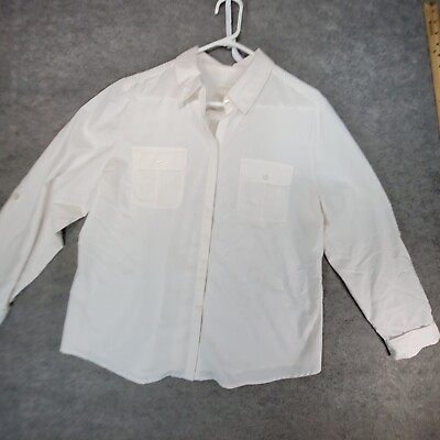 #ad Chicos Shirt Womens Large White Roll Tab Sleeve Pockets $9.90