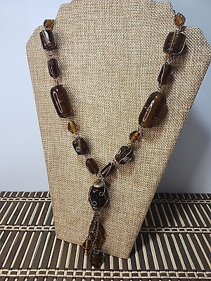 #ad Amber Glass Metal Necklace Gold Wire Wrapped Unique Jewelry 18 in $14.99