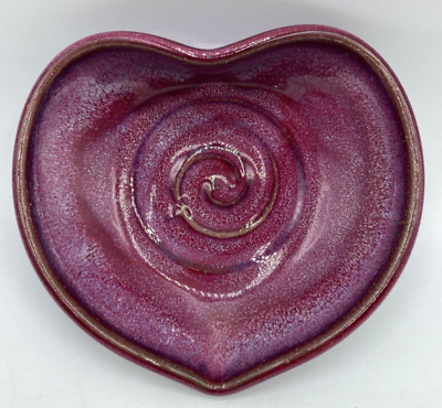 #ad Studio Art Pottery Heart Shaped Bowl Trinket Dish Magenta Drip Glaze Signed $28.00