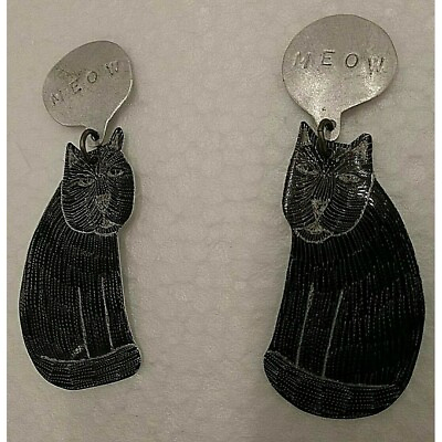 #ad BLACK CATS Meow Etched Silvertone As is Craft Jewelry Parts Artisan made Vtg $120.00