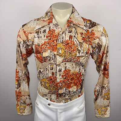 #ad Designer Collection Shirt Nylon Vtg 60s 70s Disco Butterfly Collar Mens Medium $74.99