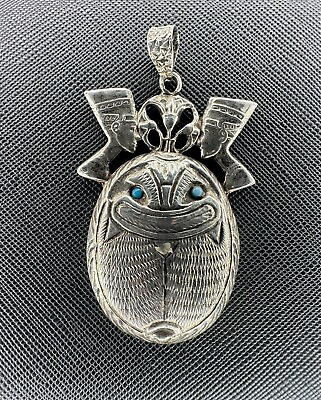#ad Egyptian Revival Scarab Pendant Sterling Silver Etched 2 1 2 Long Unique $29.00
