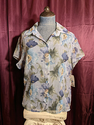 #ad NEW Petite Sophisticates Blue Floral Button Sheer Blouse Womens L NWT Closet7* $15.00
