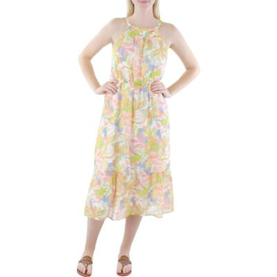 #ad Aqua Womens Yellow Chiffon Printed Summer Midi Dress L BHFO 2979 $11.99