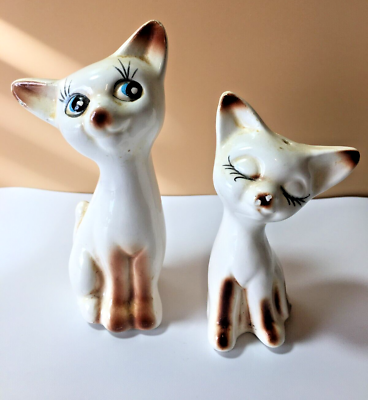 #ad Vintage Siamese Cat Kitten Salt Pepper Shakers Couple Mommy Baby Hand Painted $30.00