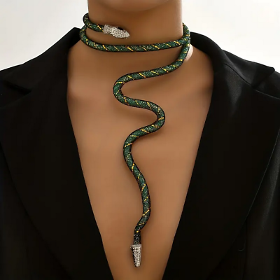 #ad Necklace Jewelry Adjustable Snake Rhinestone Collar Bracelet Green Black $13.18