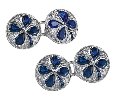 #ad Gorgeous Blue Sapphires In a Clover Design amp; White CZ 935 Silver Set Cufflinks $260.00