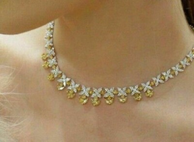 #ad 21 Ct Lab Created Round Citrine amp; CZ Silver White Gold Plated Tennis Necklace $370.99