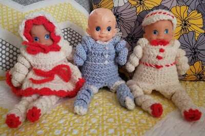 #ad Vintage 1960s Lot Of Three Handmade Crocheted Body Kewpie Dolls With Vinyl Heads $23.35