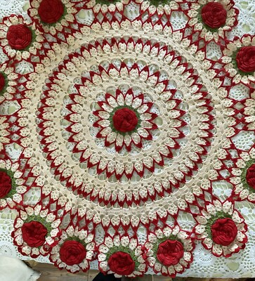 #ad VTG Crochet Doily Cream Green Raised red Roses Marcerised Cotton Round 27quot; $22.50