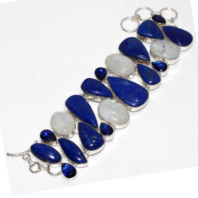 #ad 925 Silver Plated Lapis Lazuli Rainbow Moonstone Big Cluster Bracelet 7.5quot; GW $20.99