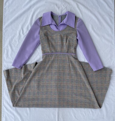 #ad 70s Style Purple Plaid Handmade Vintage Midi Dress OOAK $49.99