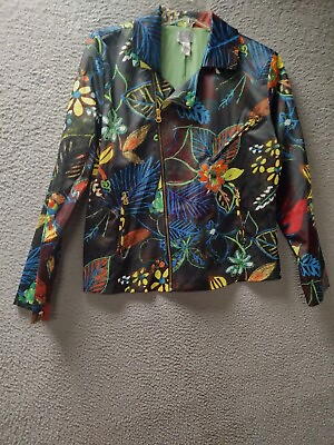 #ad Chicos Jacket Womens Size 1 Medium 8 Multicolor Floral Zip Front Pockets Sleeve $27.29
