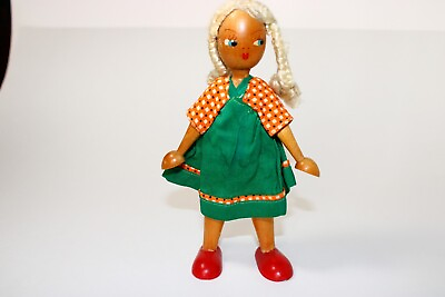 #ad Polish Vintage Handmade Wooden Doll Girl in a Green and Orange Dress. $11.44