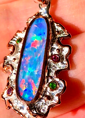 #ad Estate Red Rose Fire Opal Ruby Green Colorful Pendant Blue Gold New $780 VIDEO $479.00