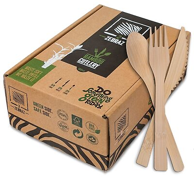 #ad 2ZEBRAZ 100% Bamboo Cutlery Set of 100 pc 50 Forks 25 Knives 25 Spoons S... $30.79