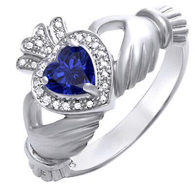 #ad Claddagh Engagement Ring Heart Cut Simulated Blue Sapphire Solid Sterling Silver $45.99
