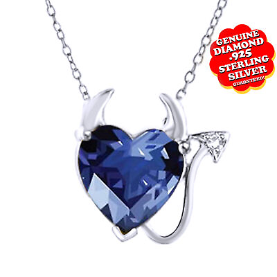 #ad Devil Heart Pendant Necklace Blue Sapphire 14k White Gold Plated Sterling Silver $36.39