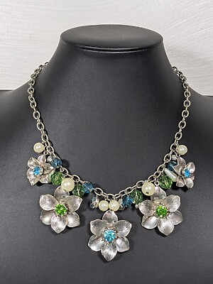 #ad Beachy Coastal Silver Tone Flower Charm Blue Green Rhinestone Necklace 20 in $9.09