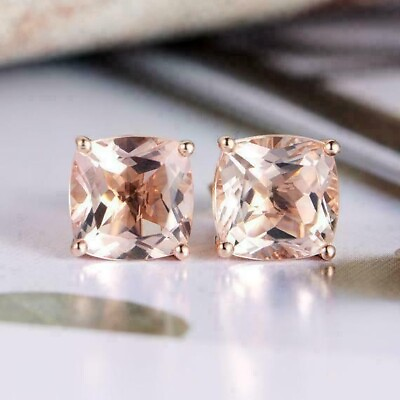 #ad 4CT Cushion Cut Peach Morganite Stud Earrings 14K Rose Gold Plated Lab Created $70.49