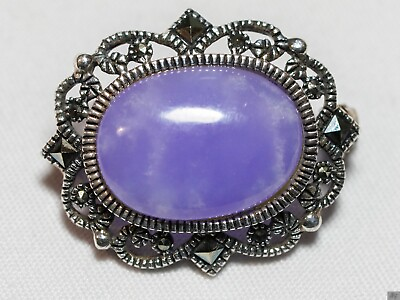 #ad Vintage Sterling Silver Marcasite With Amethyst Cabochon Pin Brooch 5.49g $19.99