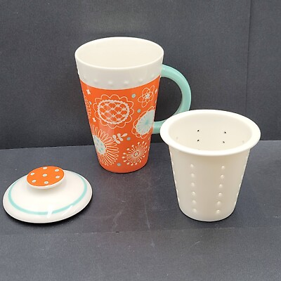 #ad Hallmark R i e Tall Porcelain Tea Mug with Lid and Strainer Orange Flowers $20.00