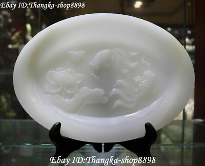 #ad 11quot; Chinese Natural White Jade Carving Goldfish Fish Lotus Flower Folding Screen $414.17