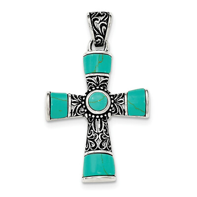#ad Sterling Silver Synthetic Turquoise Antiqued Cross Pendant QC8145 $63.99
