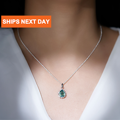 #ad Moss Agate Silver Teardrop Pendant with Zircon Halo Minimal Necklace for Women $29.45