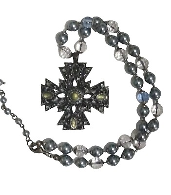 #ad Gorgeous Gunmetal amp; Green Cross Pendant Glass Beaded Blue Necklace EUC $9.98