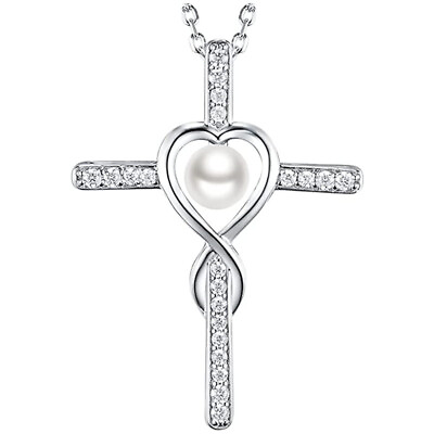 #ad Fashion 925 Silver Cubic Zirconia Cross Necklace Pendant White Pearl Jewelry C $2.96