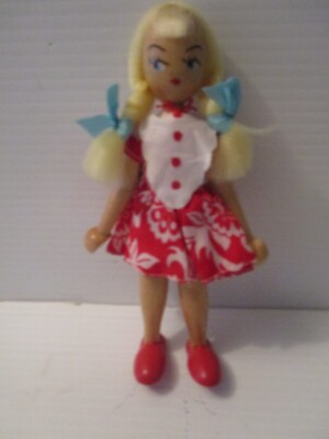 #ad Vintage Wooden Girl Doll Blonde Braids Red Dress Red Shoes 7 inch $30.00
