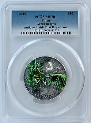 #ad 2019 Palau $10 Green Dragon 2 Oz Silver Coin PCGS MS 70 Antique Finish FDOI 999 $299.99